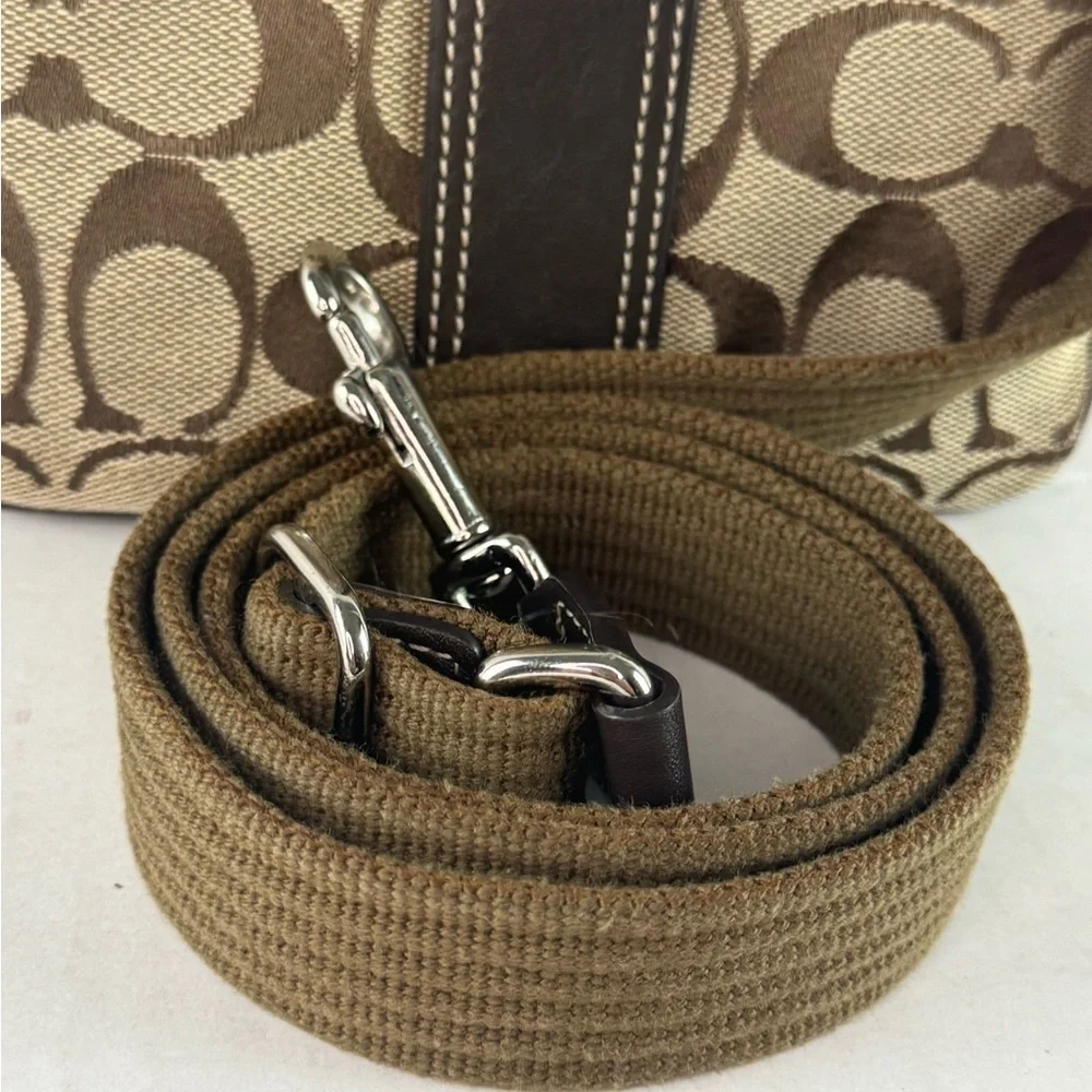 Coach Vintage Small Crossbody Bag Tan Logo Printed Canvas Brown Leather Accents.